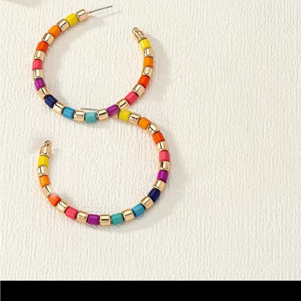14k gold plated Boho c shape colorful bead decor hoop earrings